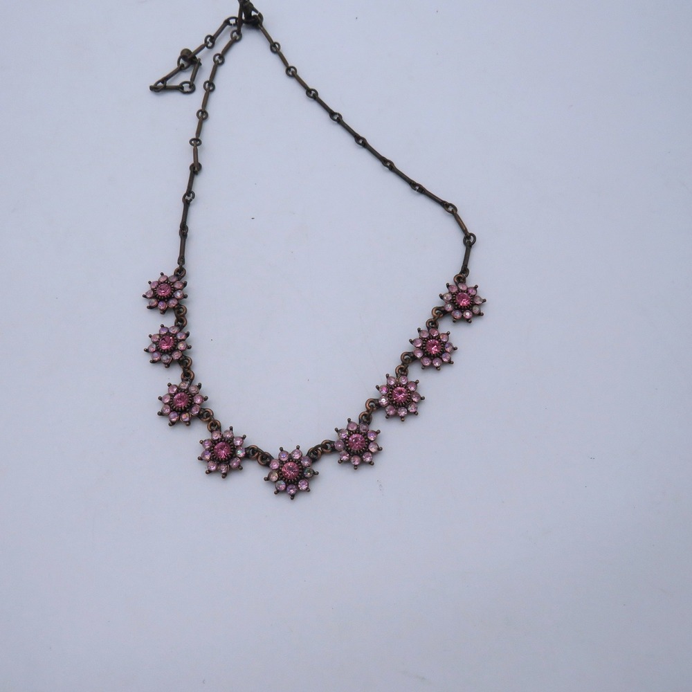 Vintage Avon Pink Rhinestone Flower Station 16" Necklace Bronze Tone Finish